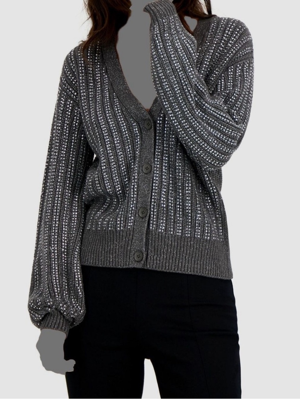 INC International Concepts Metallic Gray Ribbed V-Neck Cardigan